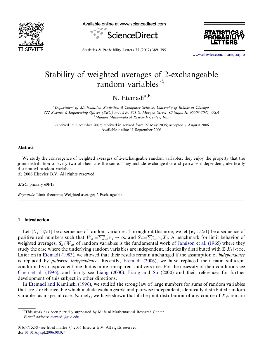 Stability of weighted averages of 2-exchangeable random variables