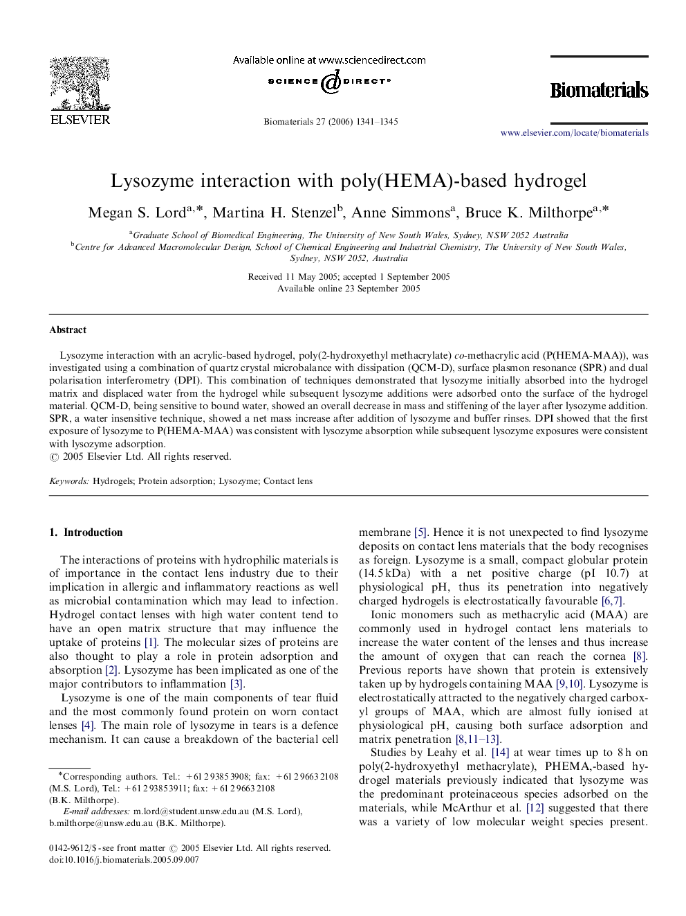 Lysozyme interaction with poly(HEMA)-based hydrogel