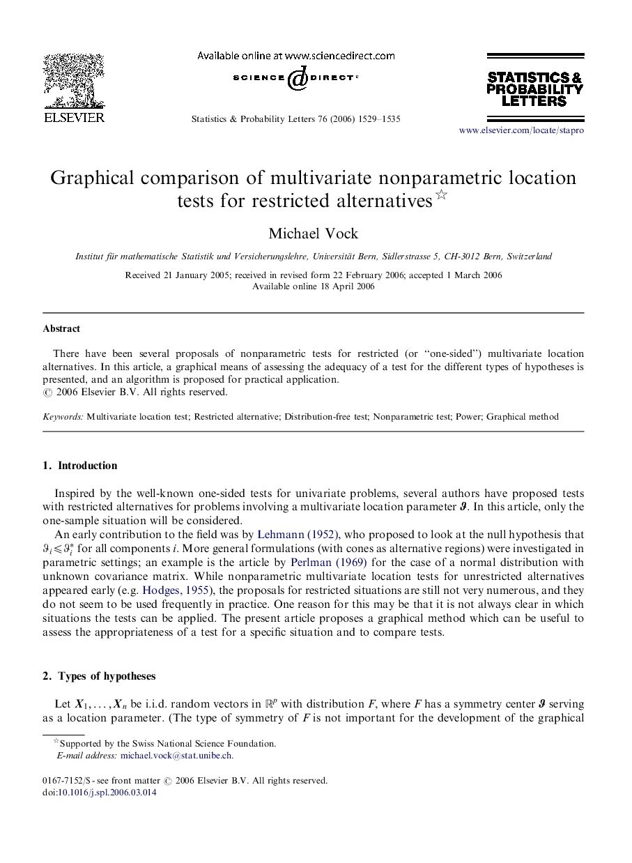 عکس صفحه اول مقاله: Graphical comparison of multivariate nonparametric location tests for restricted alternatives Graphical comparison of multivariate nonparametric location tests for restricted alternatives