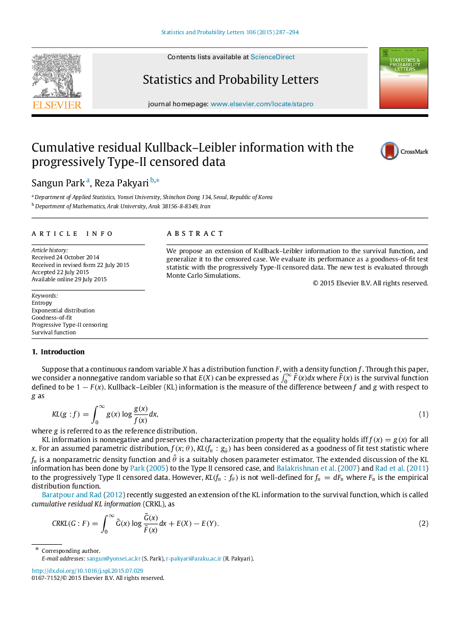 عکس صفحه اول مقاله: Cumulative residual Kullback–Leibler information with the progressively Type-II censored data Cumulative residual Kullback–Leibler information with the progressively Type-II censored data