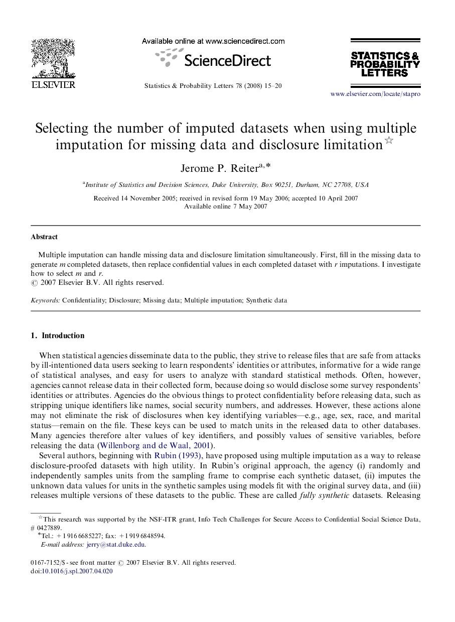 Selecting the number of imputed datasets when using multiple imputation for missing data and disclosure limitation 