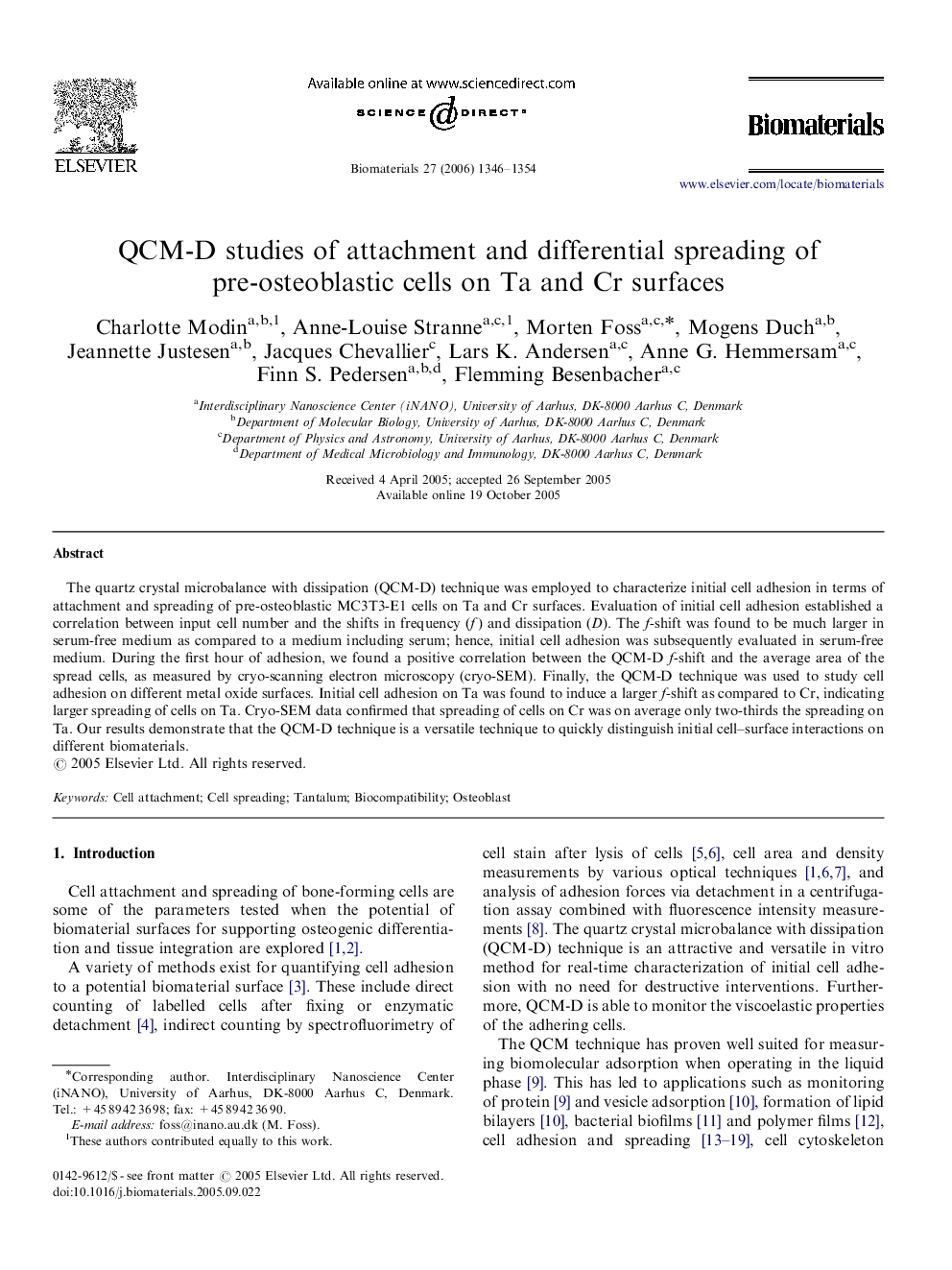 QCM-D studies of attachment and differential spreading of pre-osteoblastic cells on Ta and Cr surfaces