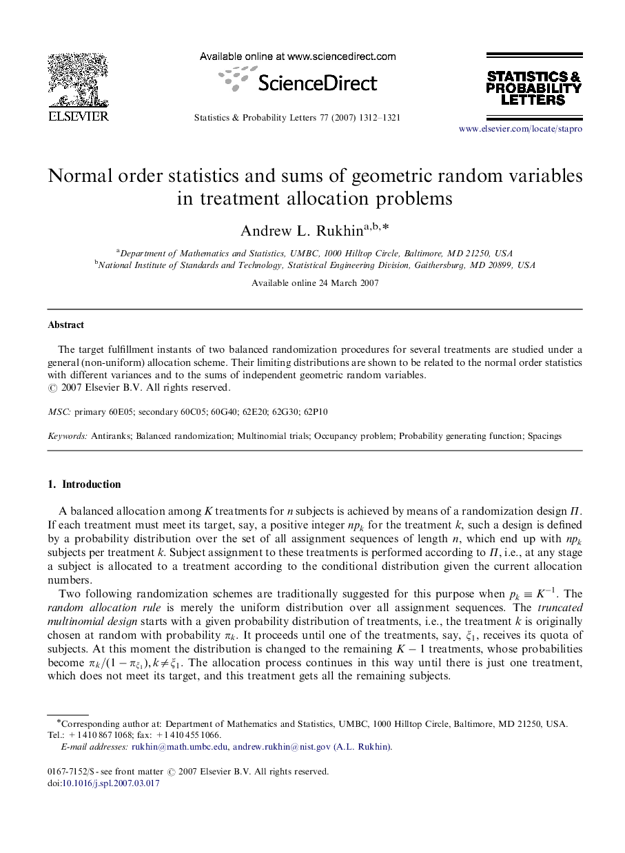 Normal order statistics and sums of geometric random variables in treatment allocation problems