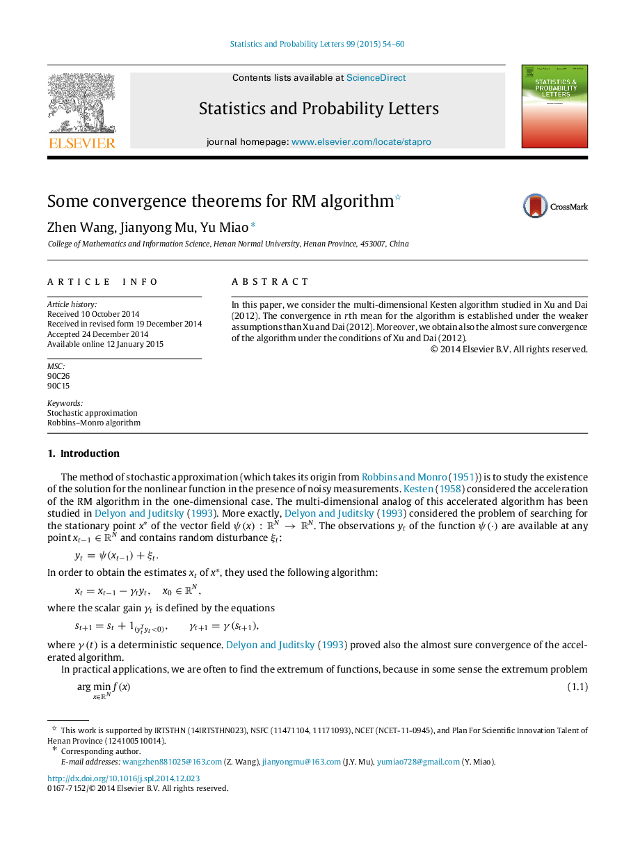 Some convergence theorems for RM algorithm