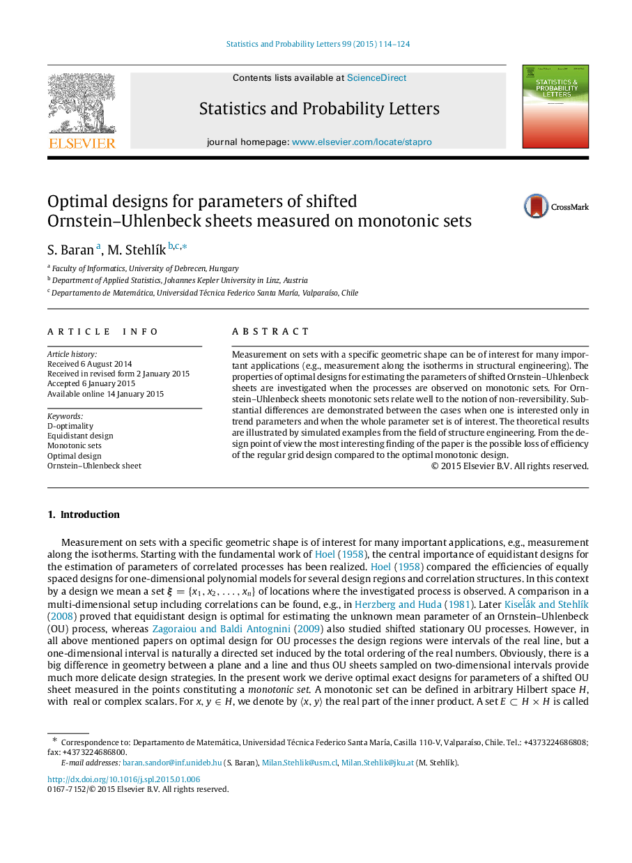 عکس صفحه اول مقاله: Optimal designs for parameters of shifted Ornstein-Uhlenbeck sheets measured on monotonic sets Optimal designs for parameters of shifted Ornstein-Uhlenbeck sheets measured on monotonic sets