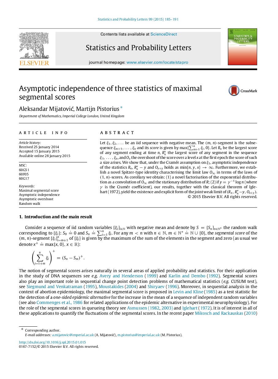 Asymptotic independence of three statistics of maximal segmental scores