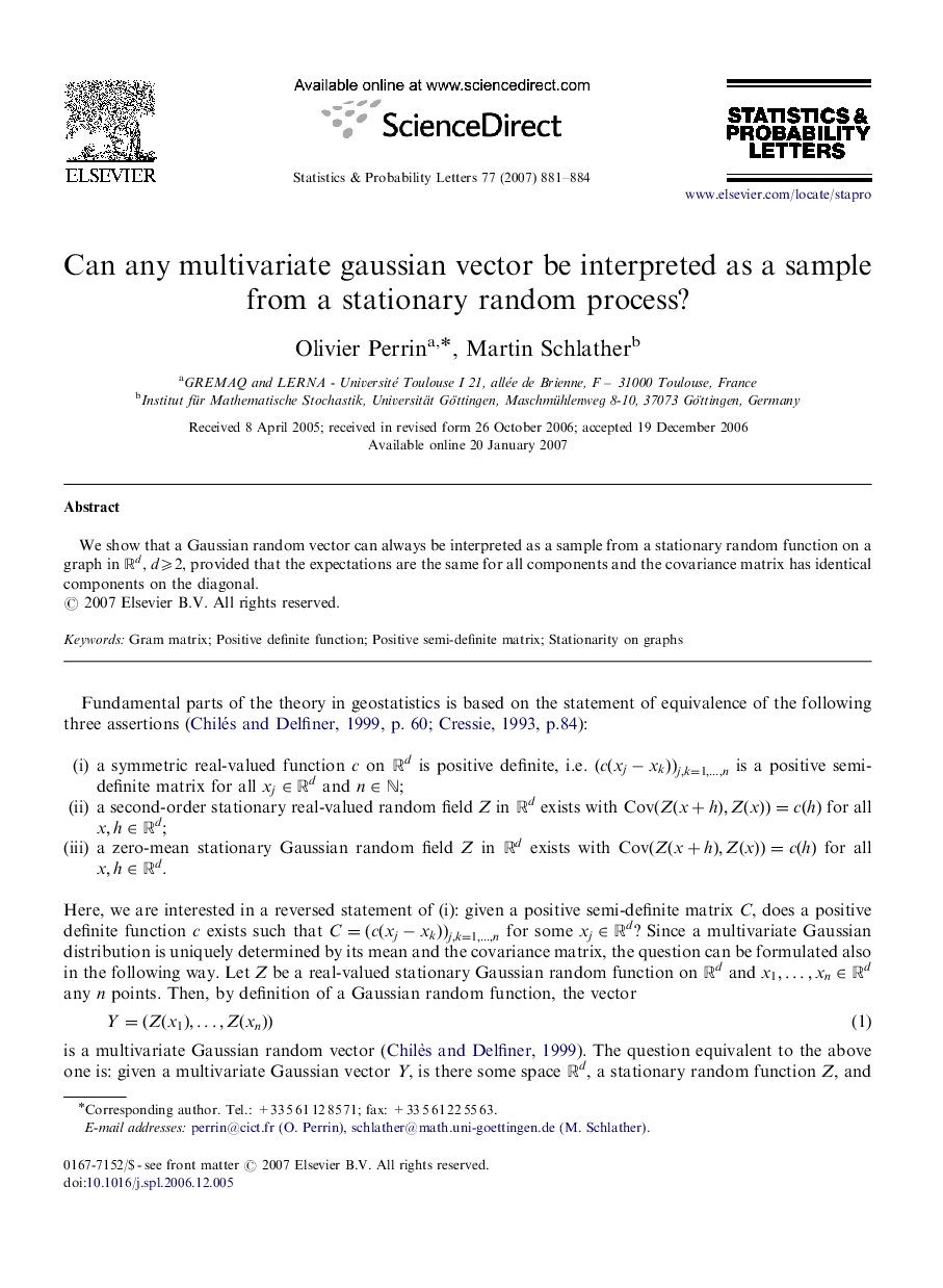 Can any multivariate gaussian vector be interpreted as a sample from a stationary random process?