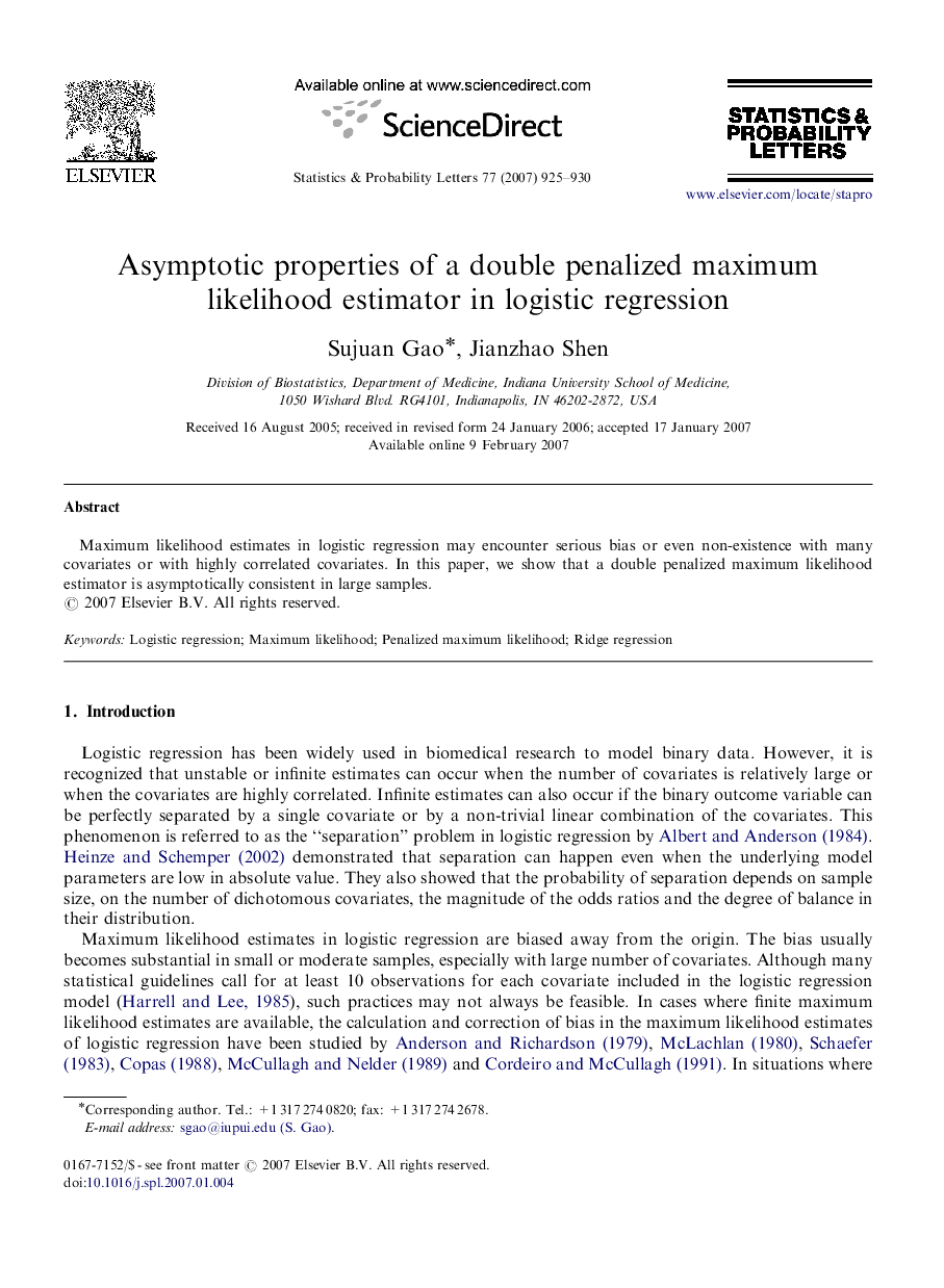 Asymptotic properties of a double penalized maximum likelihood estimator in logistic regression