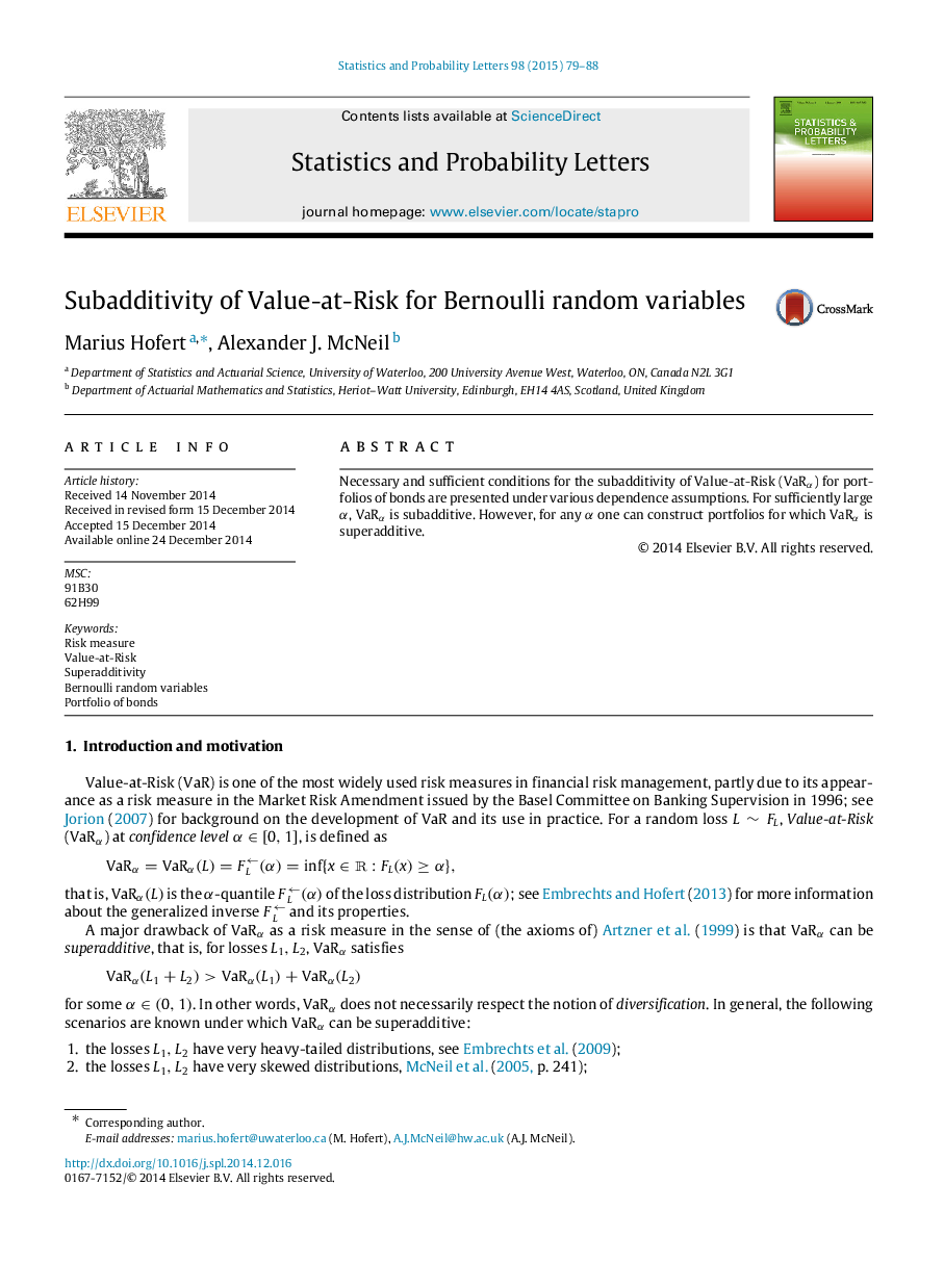 Subadditivity of Value-at-Risk for Bernoulli random variables