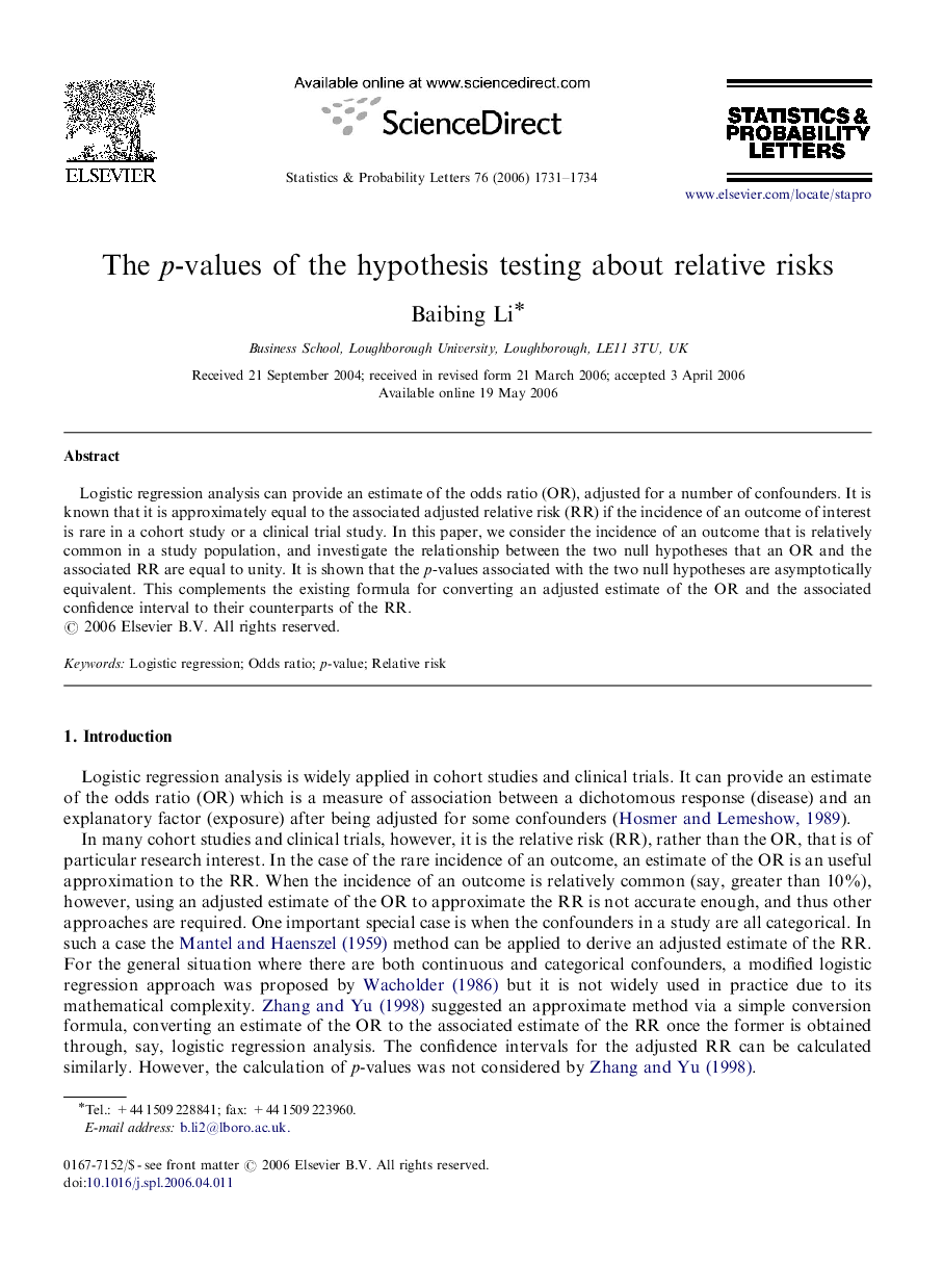 The p-values of the hypothesis testing about relative risks