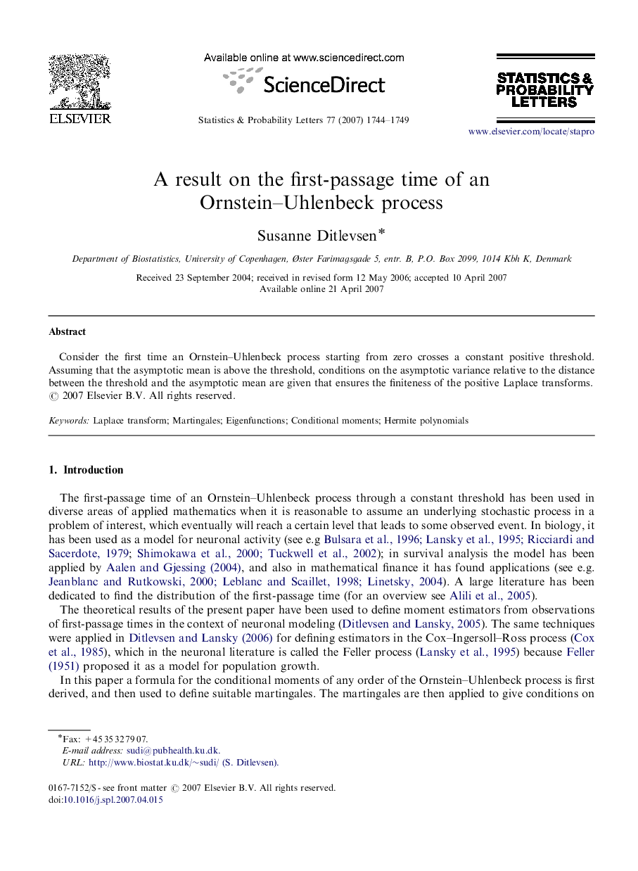 A result on the first-passage time of an Ornstein–Uhlenbeck process