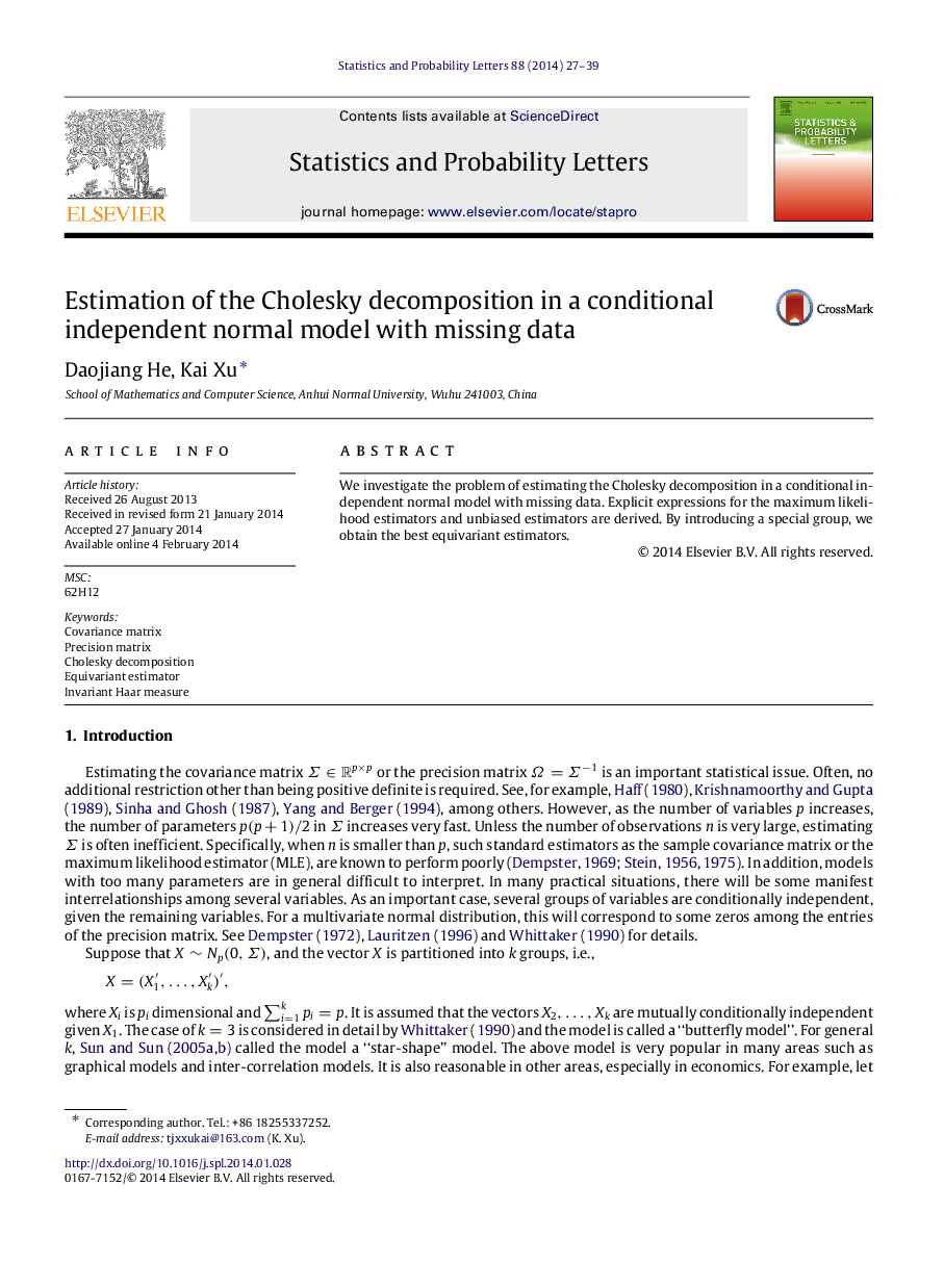 Estimation of the Cholesky decomposition in a conditional independent normal model with missing data