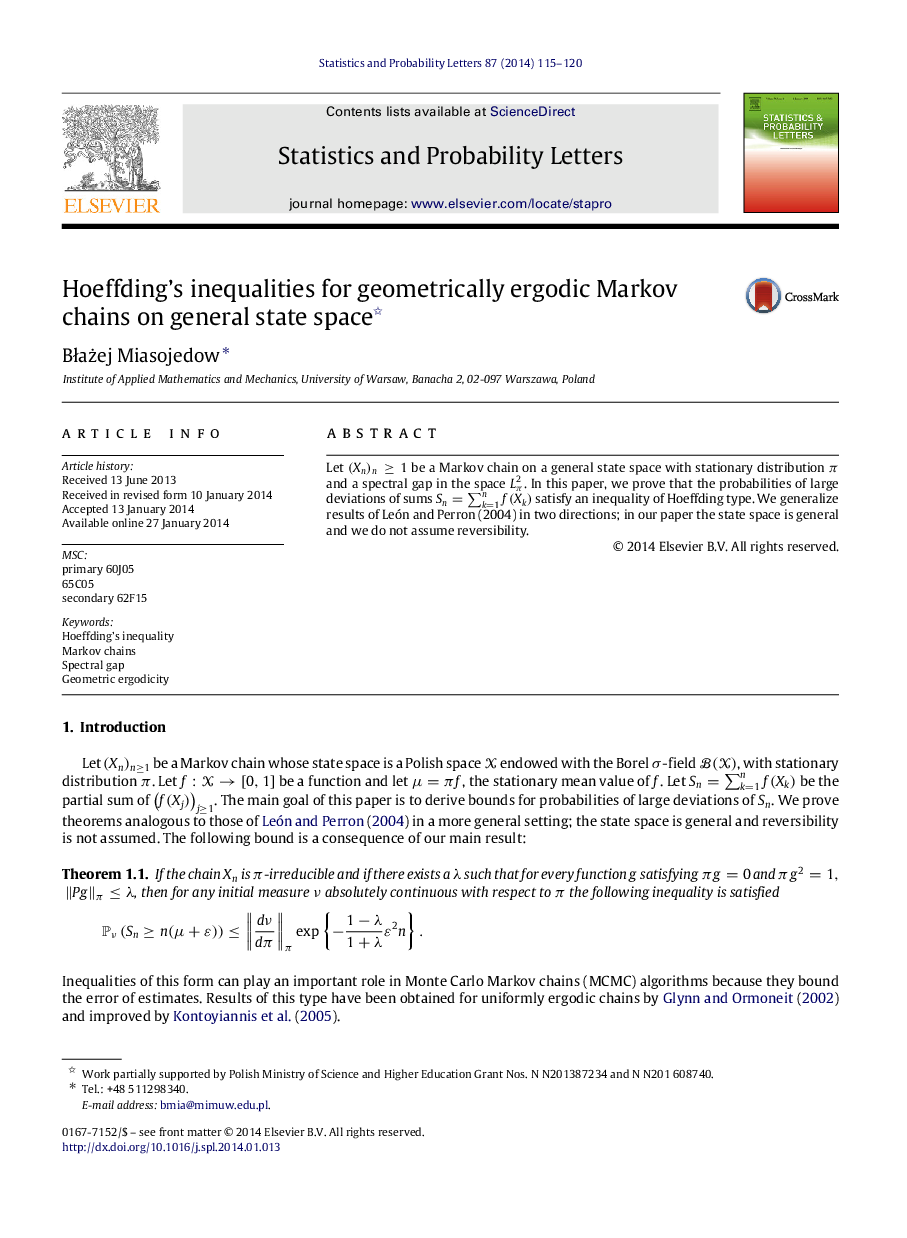 Hoeffding’s inequalities for geometrically ergodic Markov chains on general state space 