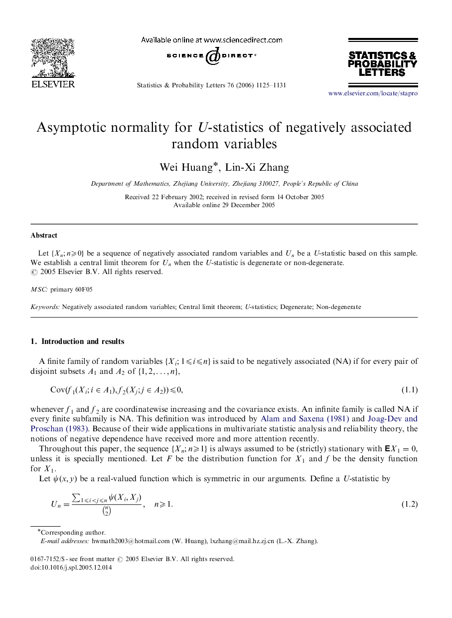 Asymptotic normality for U-statistics of negatively associated random variables