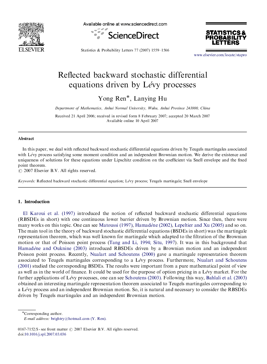 Reflected backward stochastic differential equations driven by LeÂ´vy processes