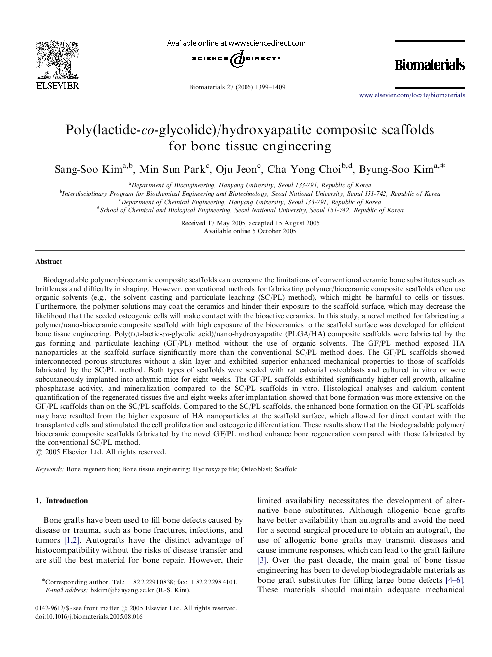 Poly(lactide-co-glycolide)/hydroxyapatite composite scaffolds for bone tissue engineering