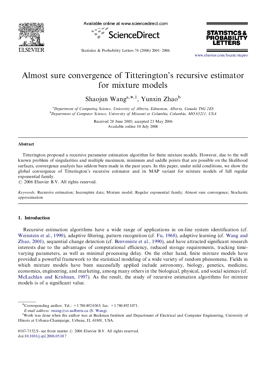 Almost sure convergence of Titterington's recursive estimator for mixture models