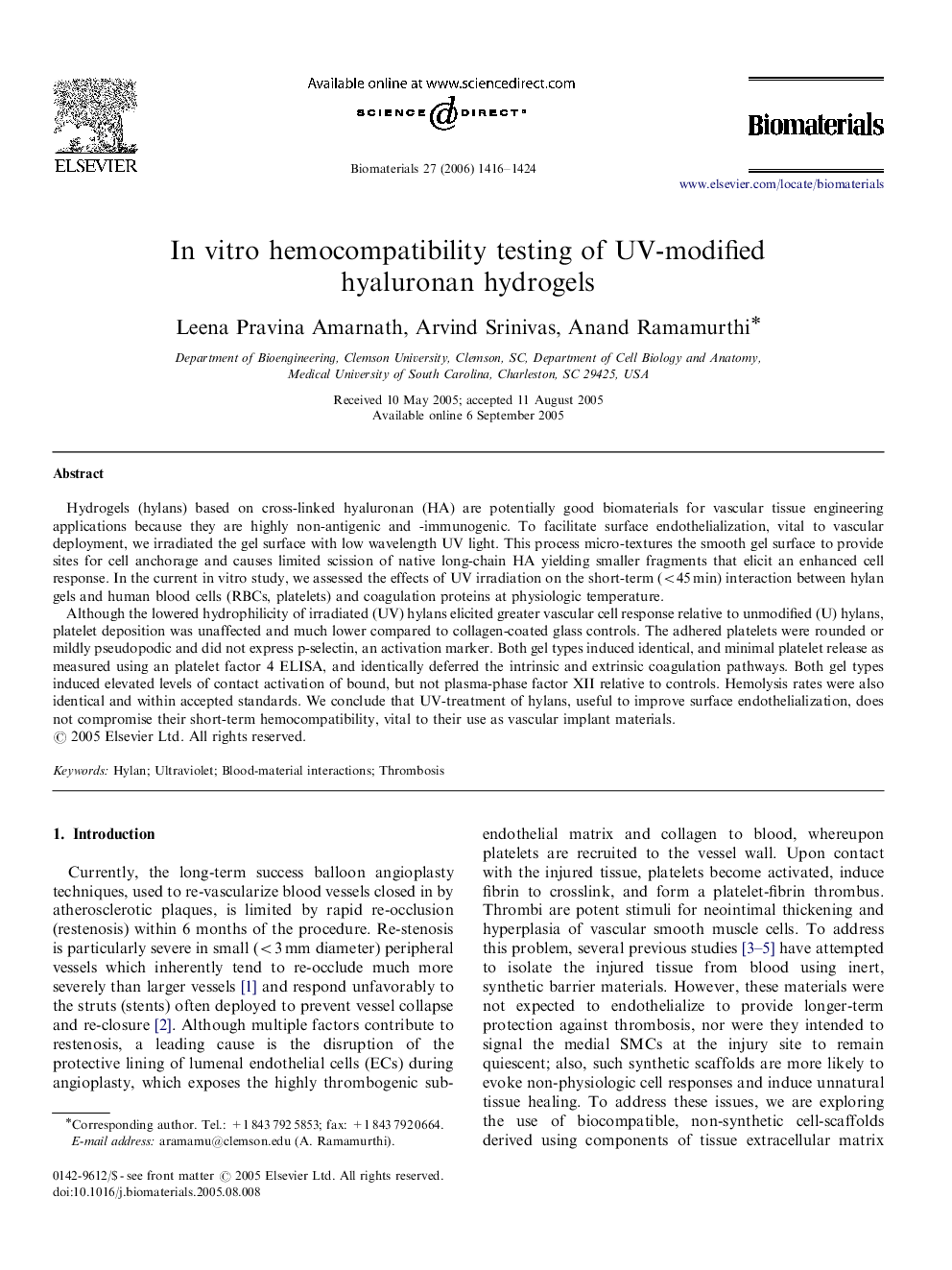 In vitro hemocompatibility testing of UV-modified hyaluronan hydrogels