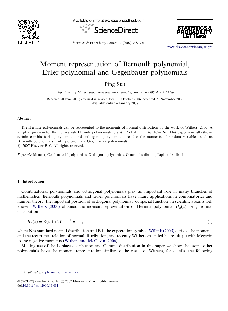 Moment representation of Bernoulli polynomial, Euler polynomial and Gegenbauer polynomials