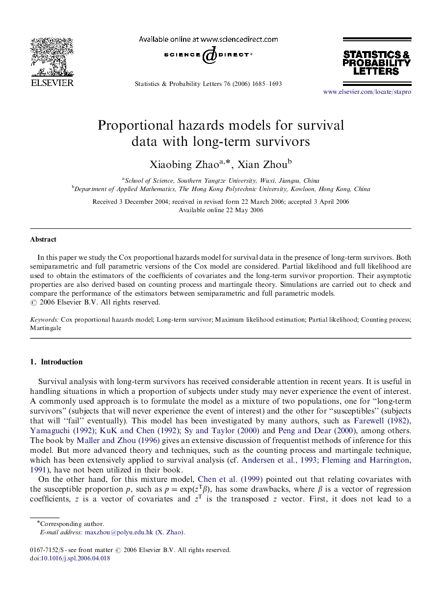 Proportional hazards models for survival data with long-term survivors