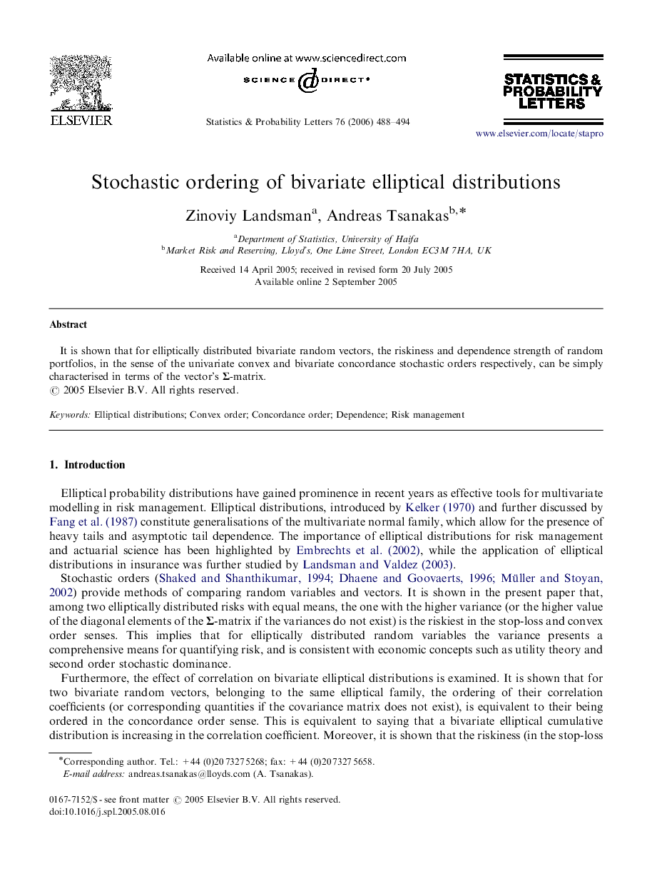 Stochastic ordering of bivariate elliptical distributions
