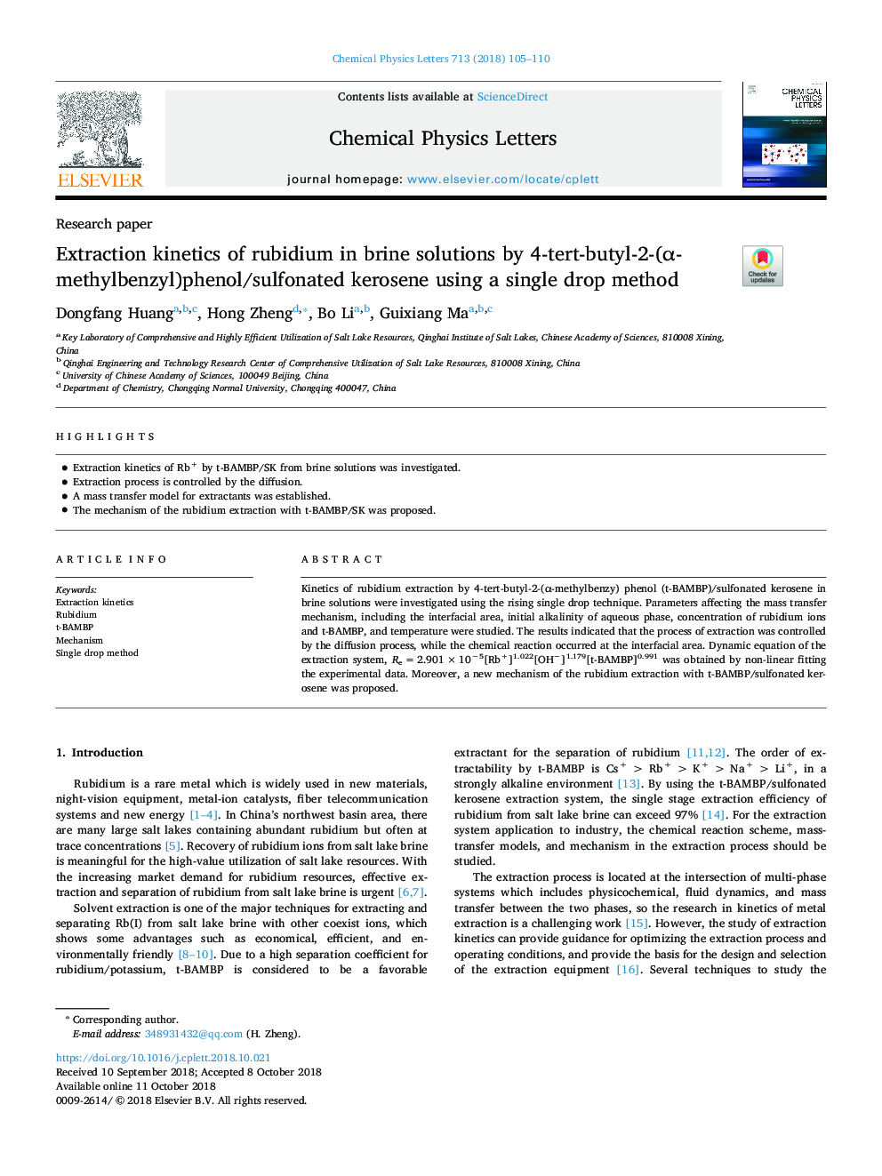 Extraction kinetics of rubidium in brine solutions by 4-tert-butyl-2-(Î±-methylbenzyl)phenol/sulfonated kerosene using a single drop method