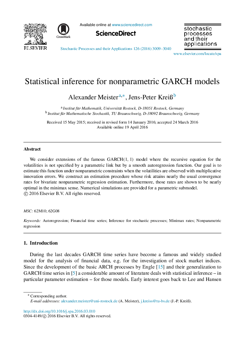 Statistical inference for nonparametric GARCH models