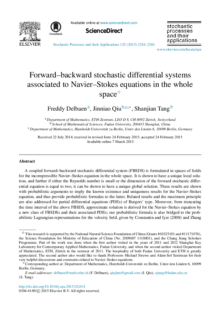 Forward–backward stochastic differential systems associated to Navier–Stokes equations in the whole space 