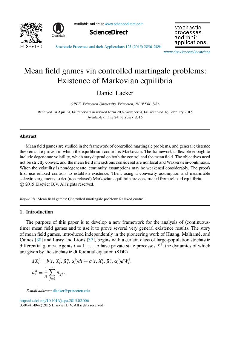 Mean field games via controlled martingale problems: Existence of Markovian equilibria