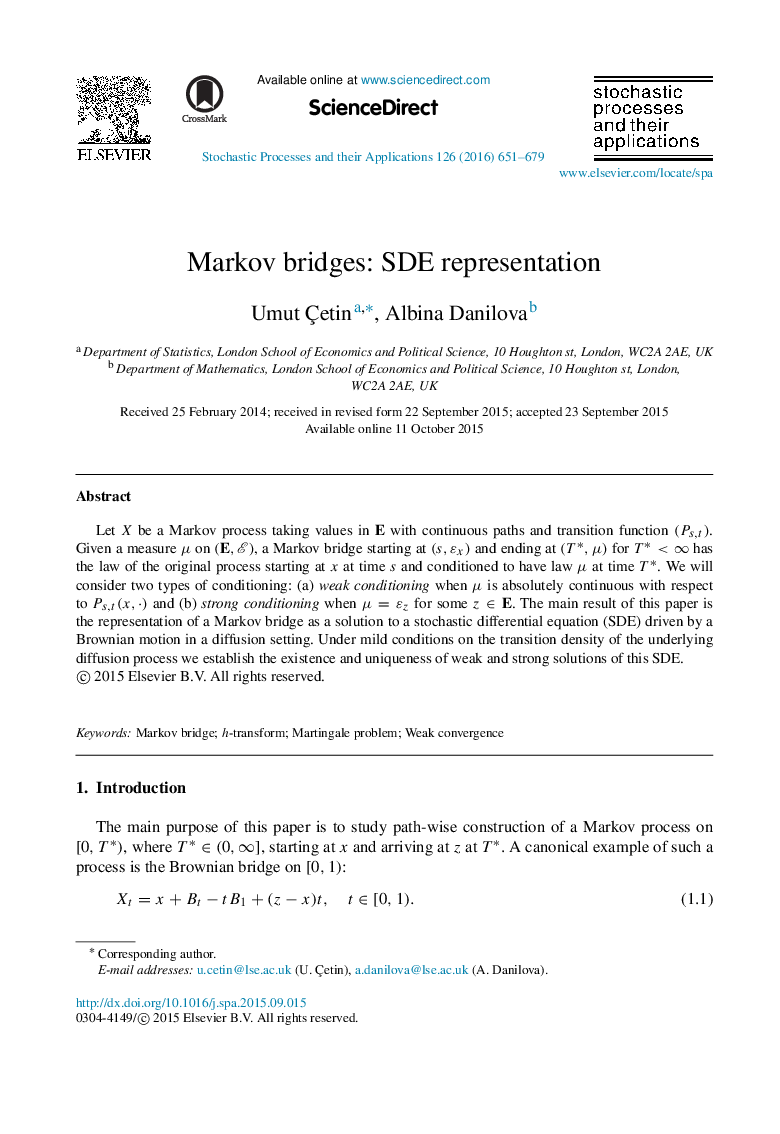 Markov bridges: SDE representation