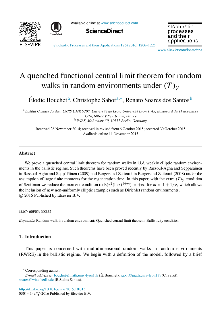 A quenched functional central limit theorem for random walks in random environments under (T)Î³