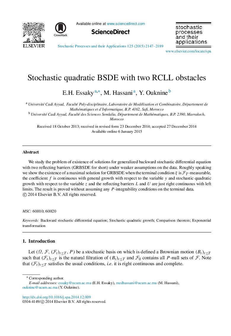 Stochastic quadratic BSDE with two RCLL obstacles
