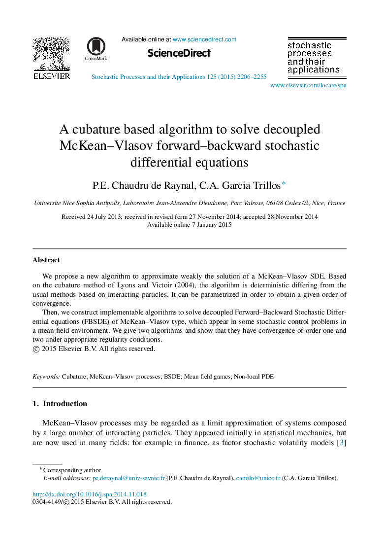 A cubature based algorithm to solve decoupled McKean–Vlasov forward–backward stochastic differential equations