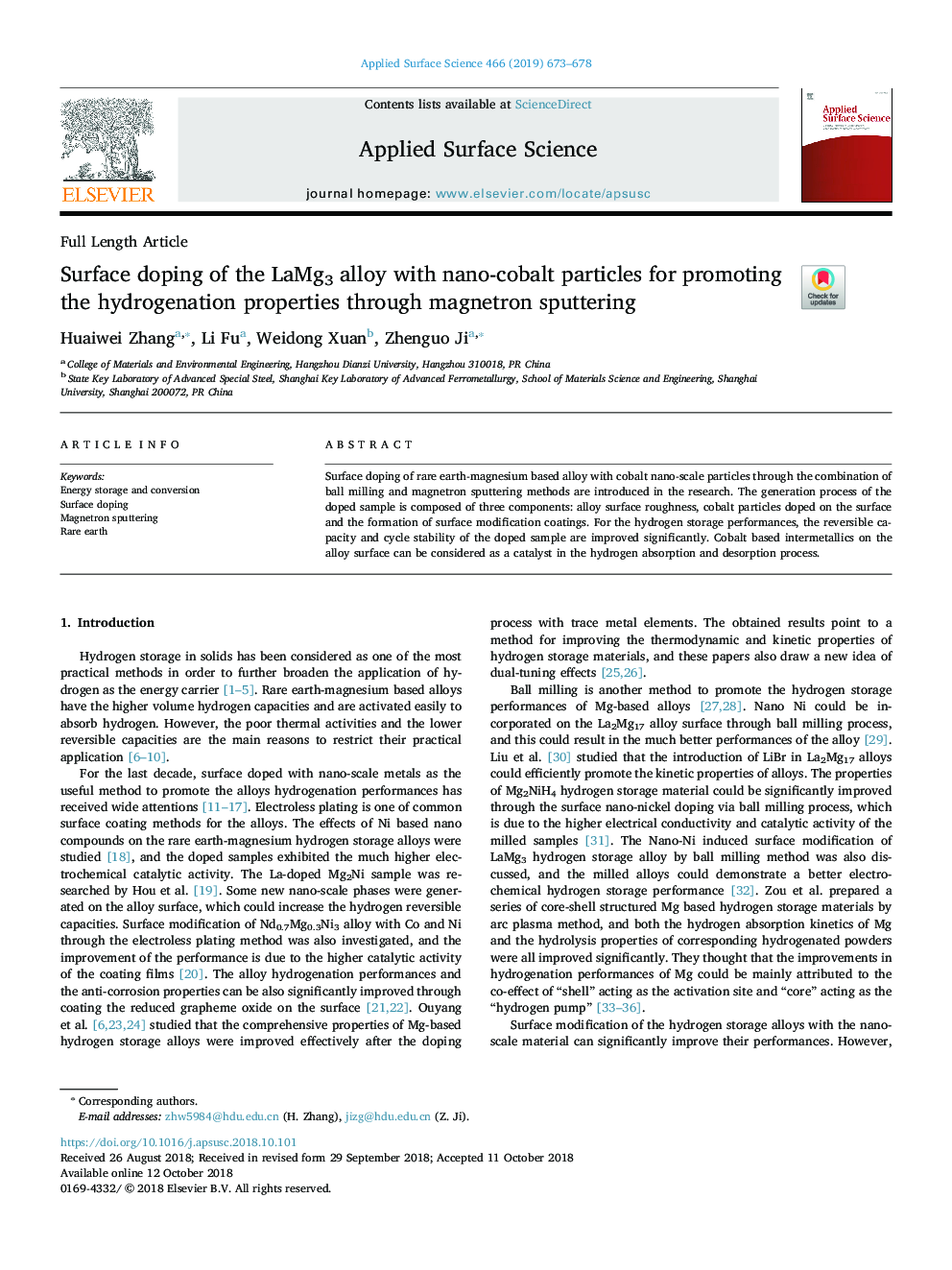 Surface doping of the LaMg3 alloy with nano-cobalt particles for promoting the hydrogenation properties through magnetron sputtering