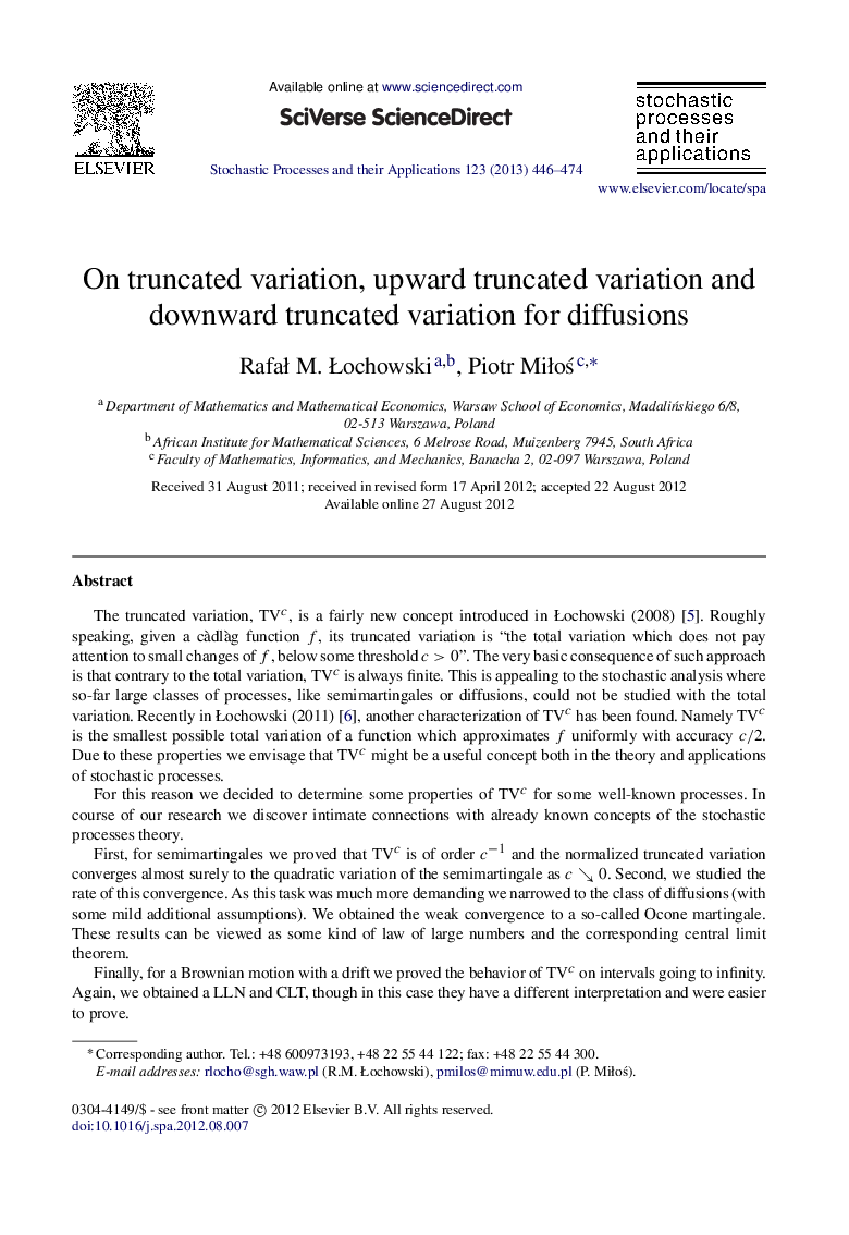 On truncated variation, upward truncated variation and downward truncated variation for diffusions