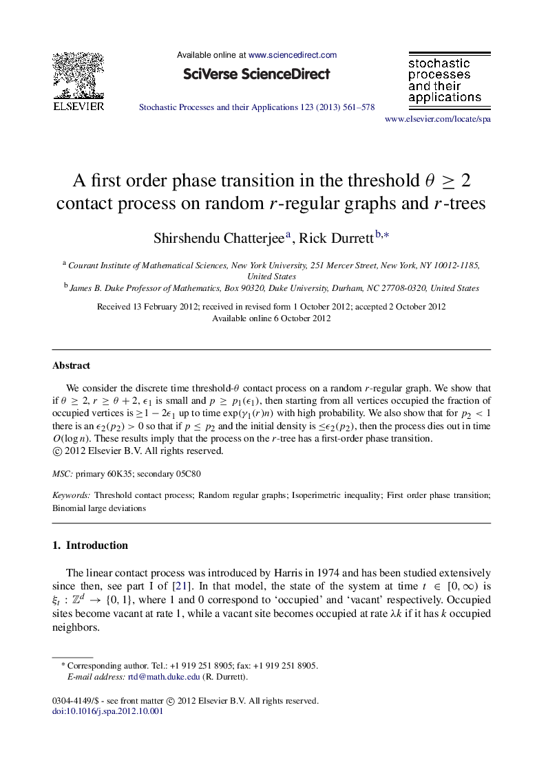 A first order phase transition in the threshold θ≥2θ≥2 contact process on random rr-regular graphs and rr-trees