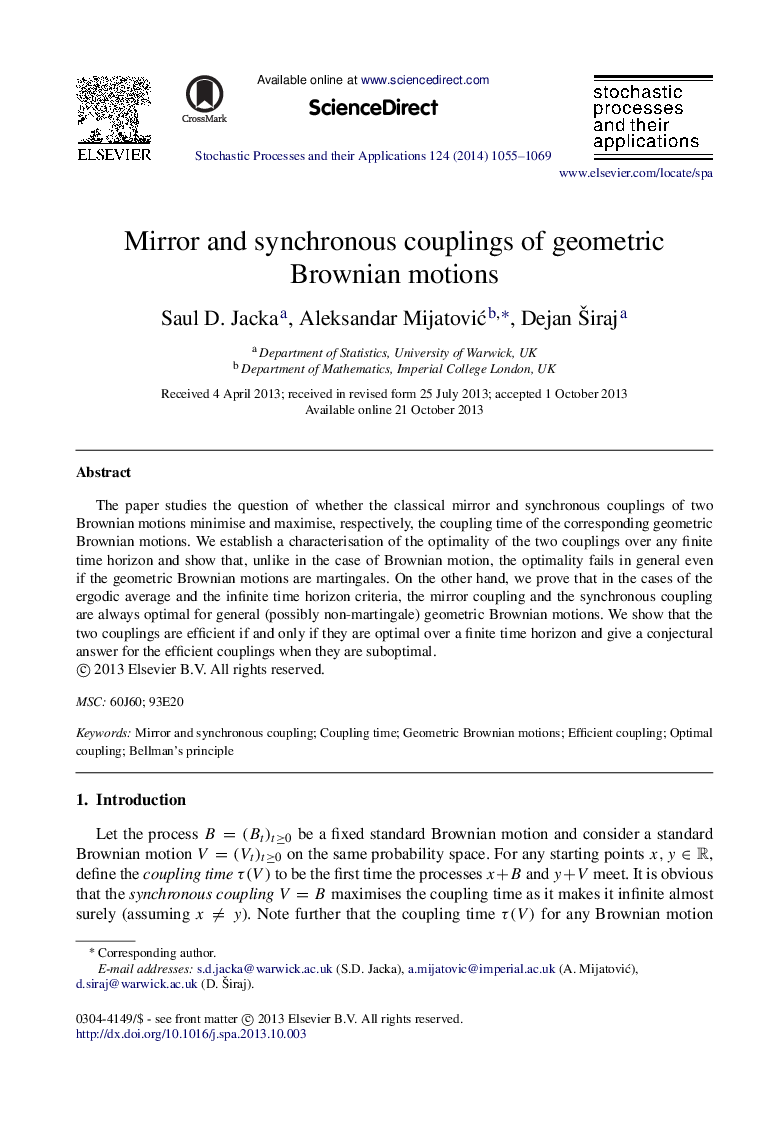 Mirror and synchronous couplings of geometric Brownian motions