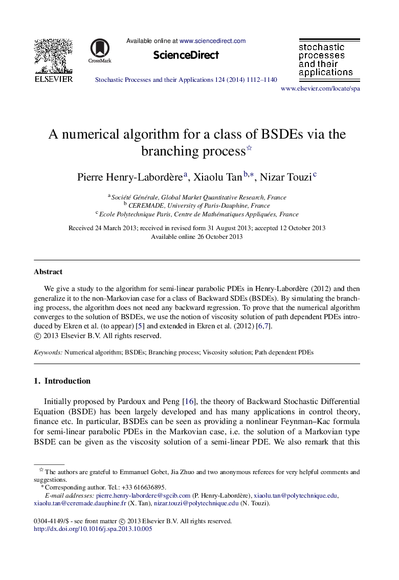 A numerical algorithm for a class of BSDEs via the branching process 