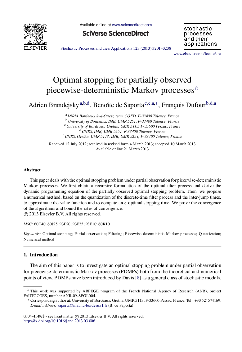 Optimal stopping for partially observed piecewise-deterministic Markov processes 