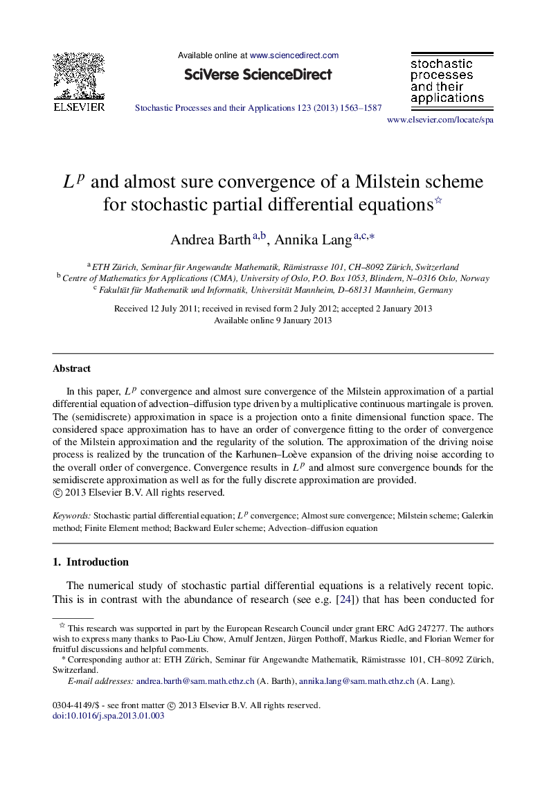 LpLp and almost sure convergence of a Milstein scheme for stochastic partial differential equations 