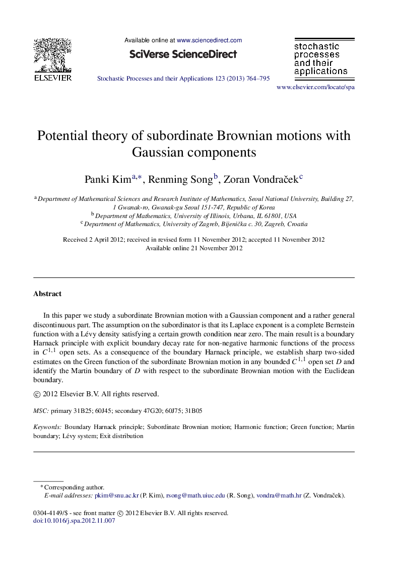 Potential theory of subordinate Brownian motions with Gaussian components