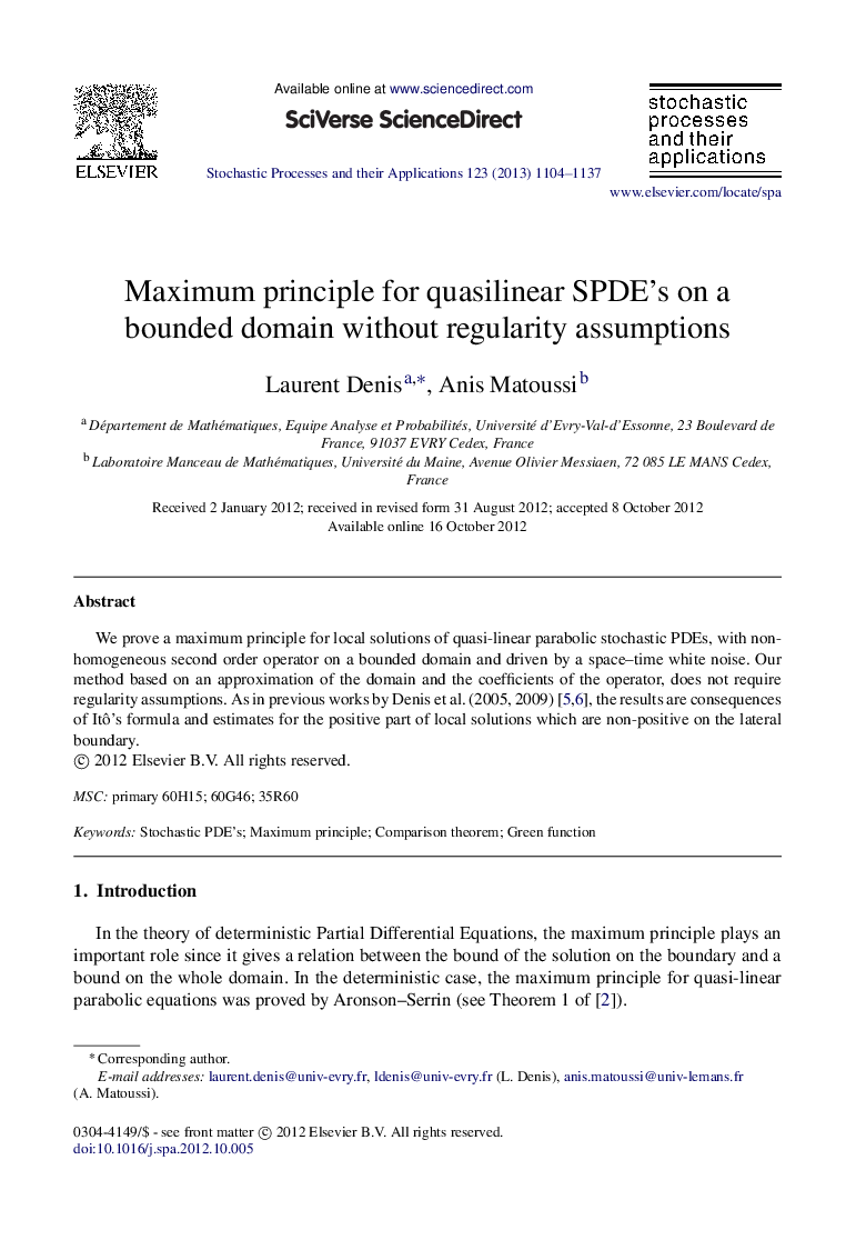 Maximum principle for quasilinear SPDE's on a bounded domain without regularity assumptions