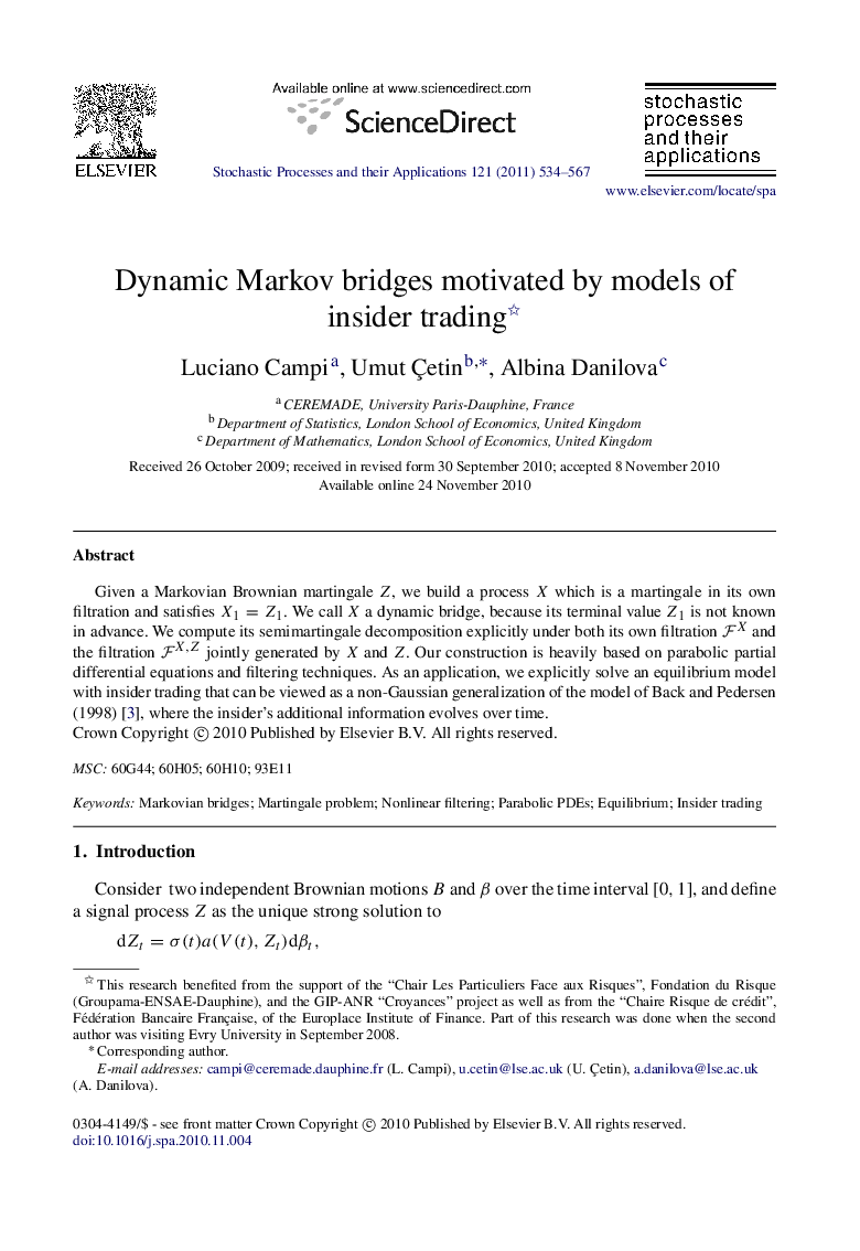 Dynamic Markov bridges motivated by models of insider trading