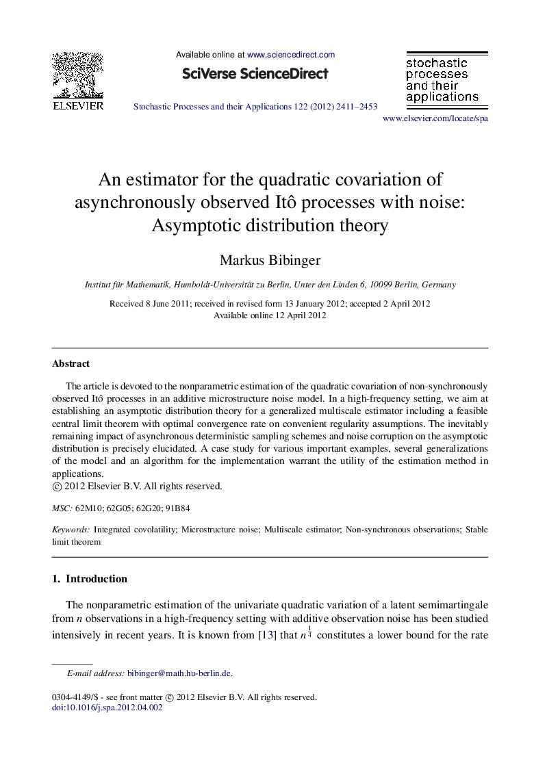 An estimator for the quadratic covariation of asynchronously observed Itô processes with noise: Asymptotic distribution theory