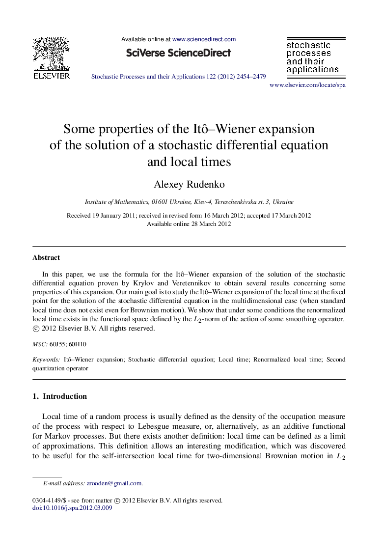 عکس صفحه اول مقاله: Some properties of the Itô–Wiener expansion of the solution of a stochastic differential equation and local times Some properties of the Itô–Wiener expansion of the solution of a stochastic differential equation and local times