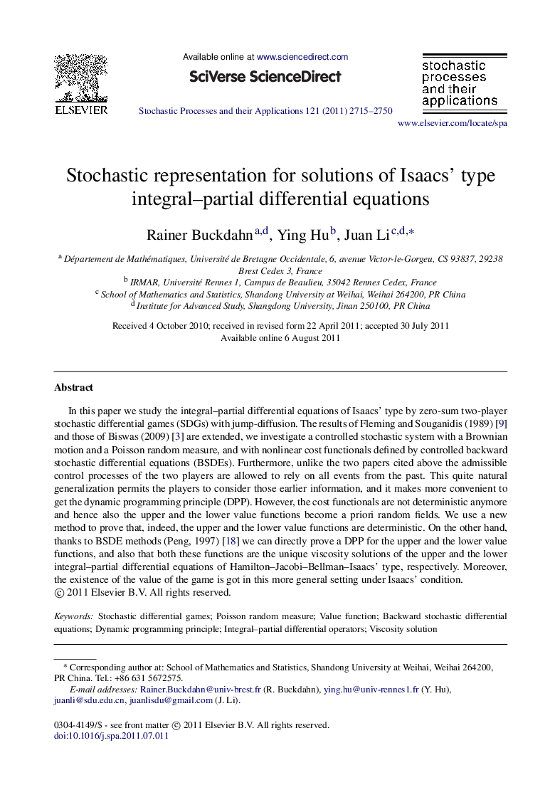 Stochastic representation for solutions of Isaacs’ type integral–partial differential equations