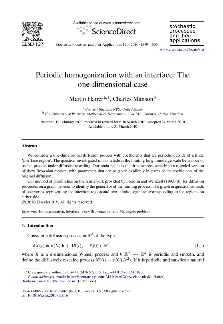 Periodic homogenization with an interface: The one-dimensional case