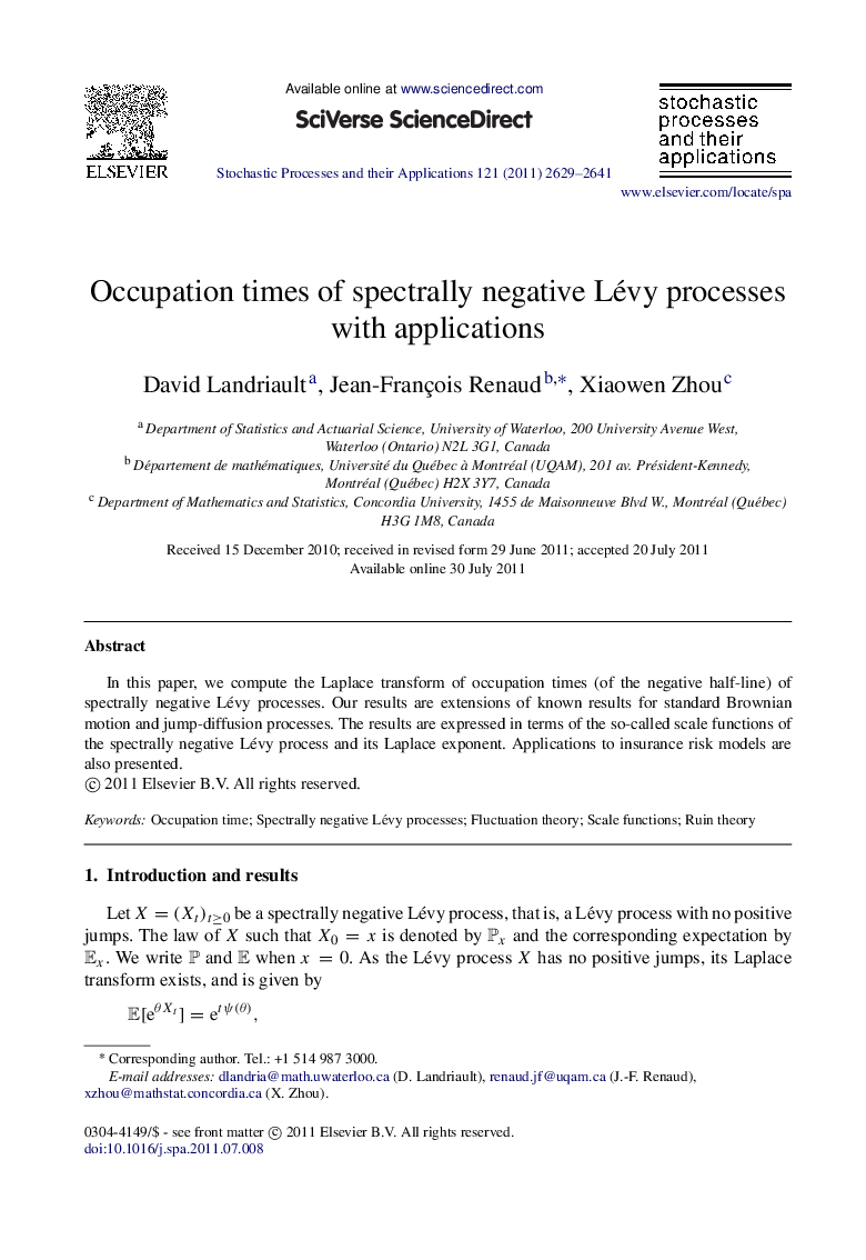 Occupation times of spectrally negative Lévy processes with applications
