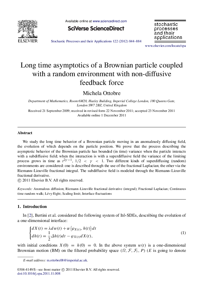 Long time asymptotics of a Brownian particle coupled with a random environment with non-diffusive feedback force