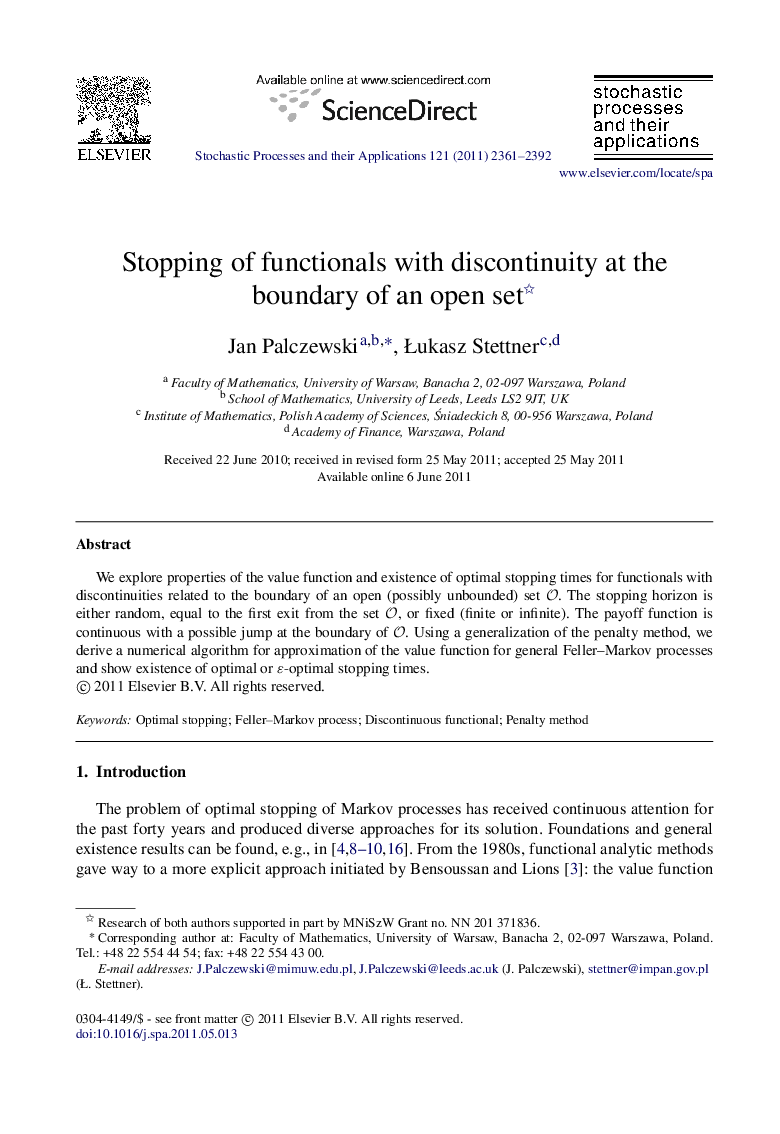 Stopping of functionals with discontinuity at the boundary of an open set 